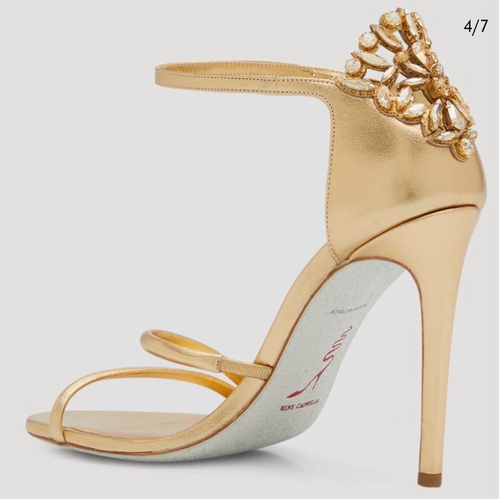 Rene Caovilla Gold Strappy Heels with Embellishments